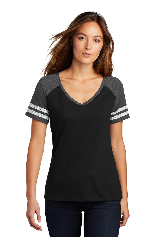 District Womens Game Short Sleeve V-Neck T-Shirt - Black/Heather Charcoal Grey