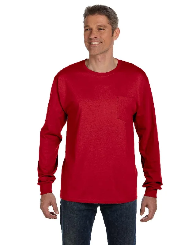 Hanes Tagless Long Sleeve Pocket T-Shirt | Deep Red