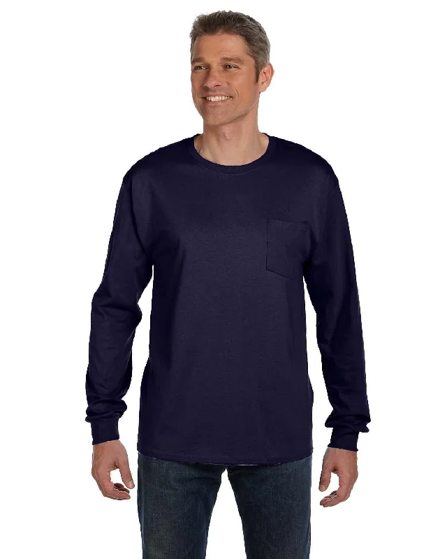 Hanes Tagless Long Sleeve Pocket T-Shirt | Navy