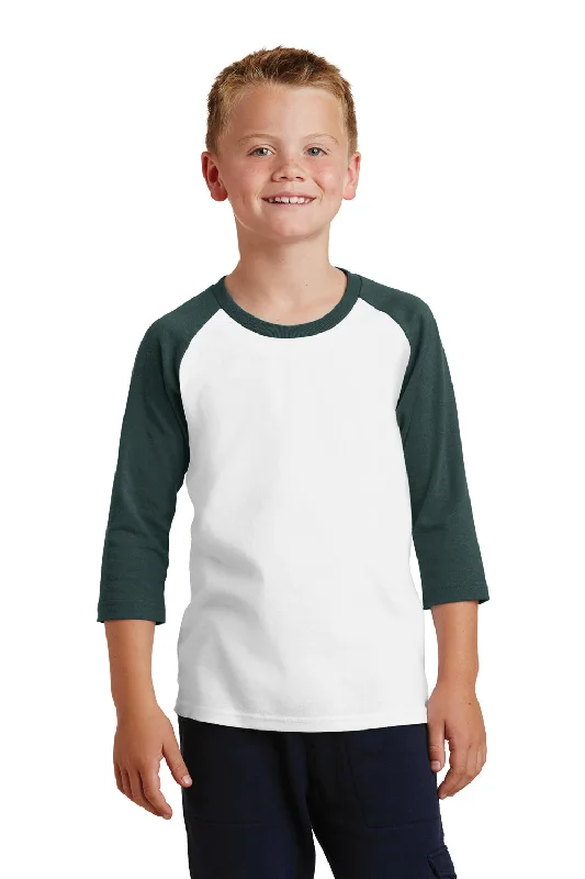 Port & Company Youth Core Moisture Wicking 3/4 Sleeve Crewneck T-Shirt - White/Dark Green - Closeout