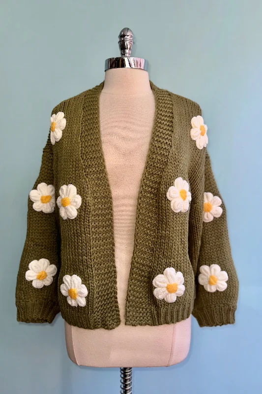 3D Flower Cardigan in Olive Green