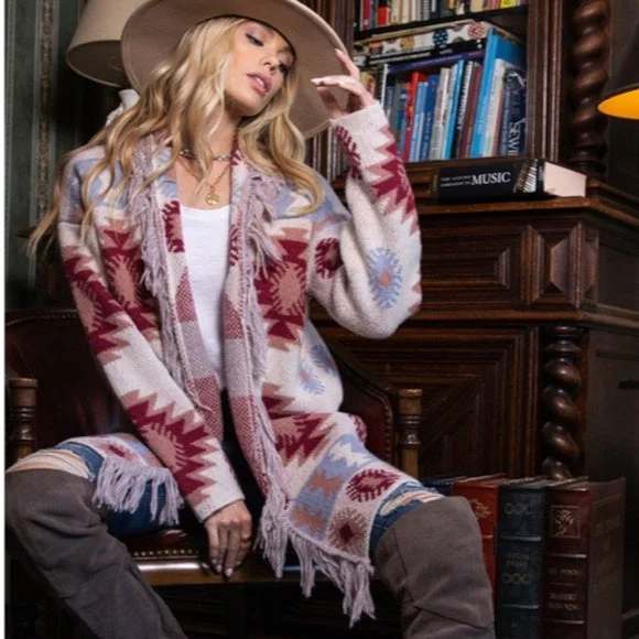 Berry Aztec Pattern Open Front Boho Western Fringe Cardigan Sweater Casual Women