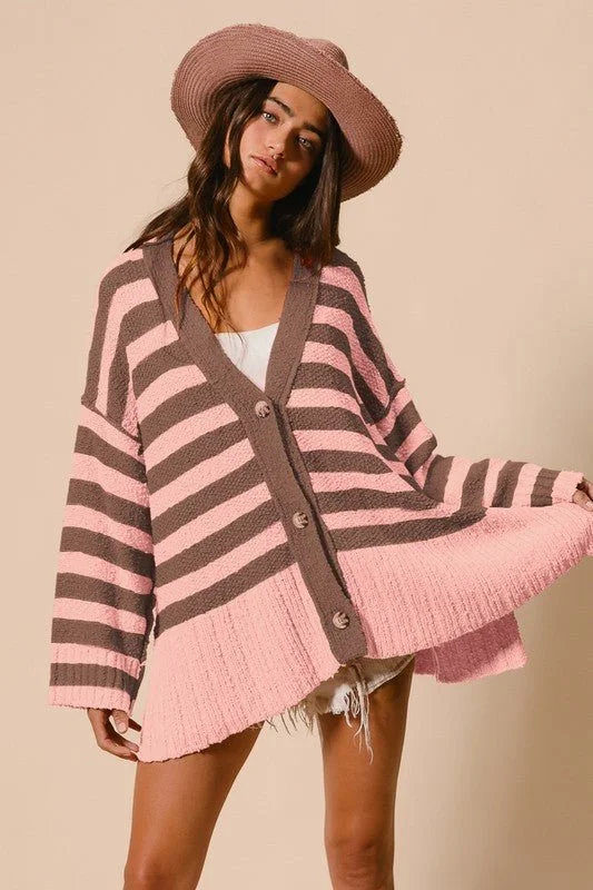 Pink Striped V-Neck Button Up Cardigan