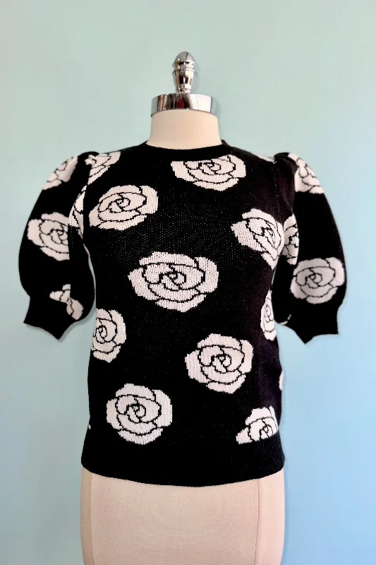 Black Floral Puff Sleeve Sweater