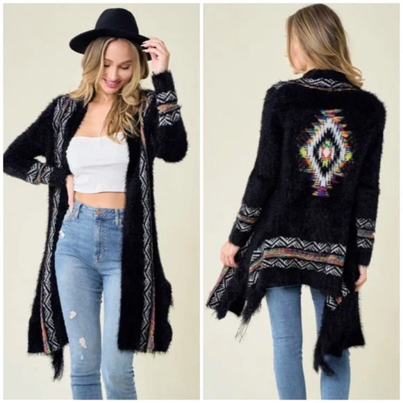 Black Fuzzy Eyelash Fringe Rainbow Aztec Pattern Open Knit Cardigan Sweater