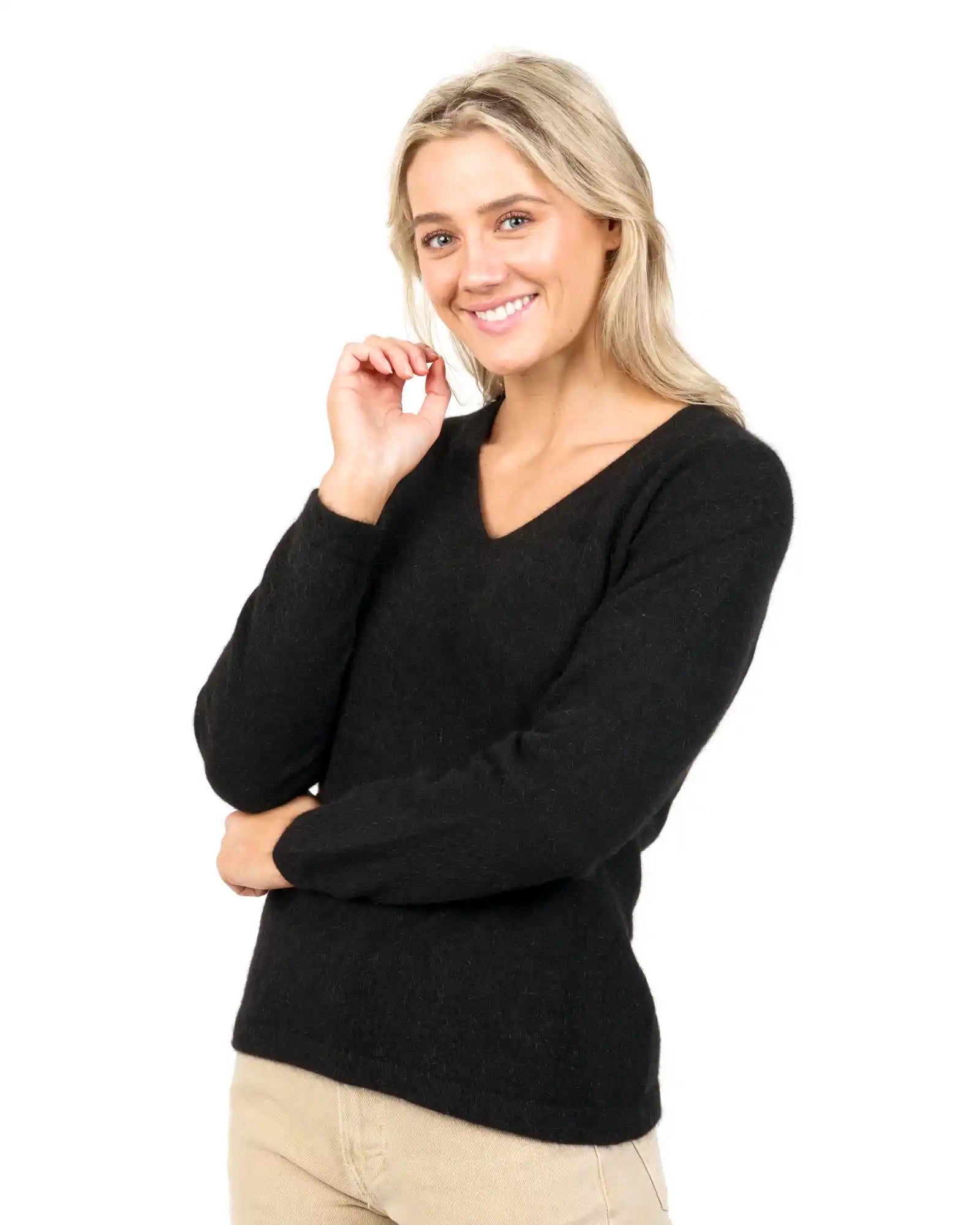 Black Women's Vee-Neck Merino Wool Sweater - NB396