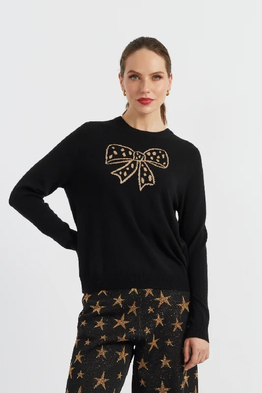 Black Wool-Cashmere Polka Bow Sweater