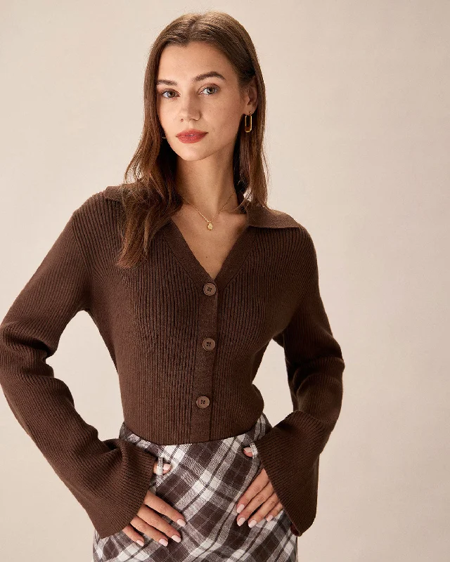 Brown Bell Sleeve Single-Breasted Cardigan