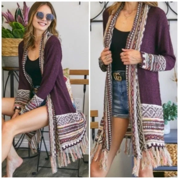 Burgundy Bohemian Tribal Aztec Print Fringe Open Front Cardigan Knit Sweater