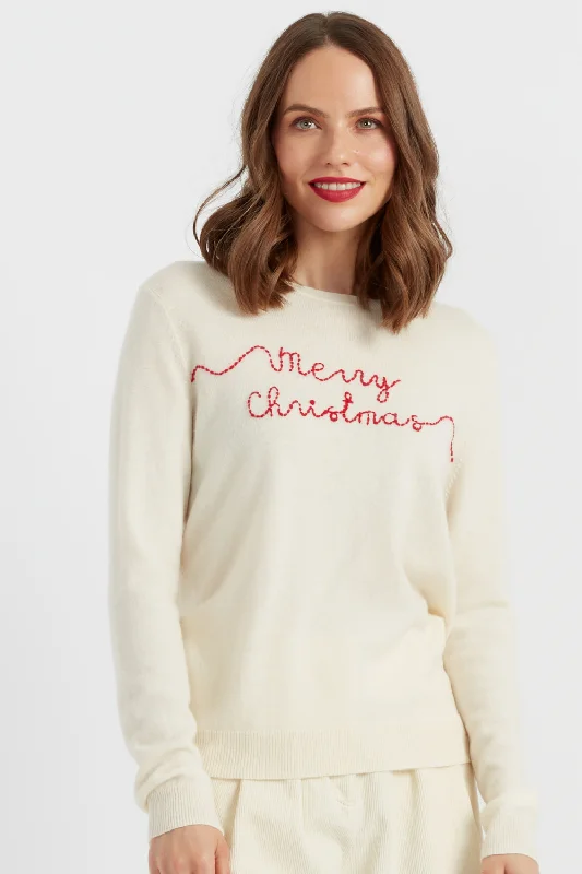 Cream Wool-Cashmere Merry Christmas Sweater