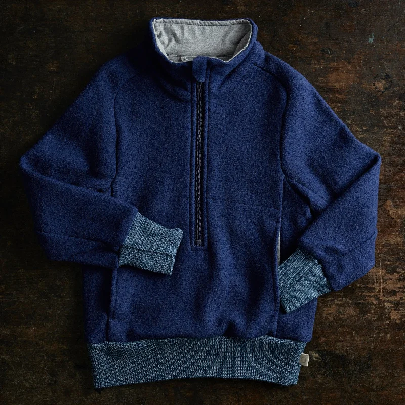 Light Weight Boiled Merino Wool Half Zip Sweater - Navy