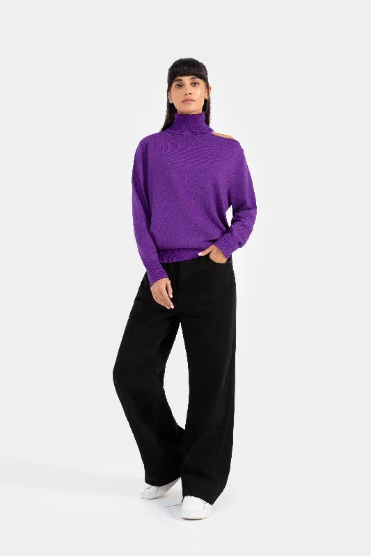 mock-neck cold shoulder sweater