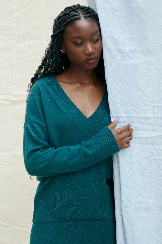 Forest-Green Wool-Cashmere V-Neck Sweater