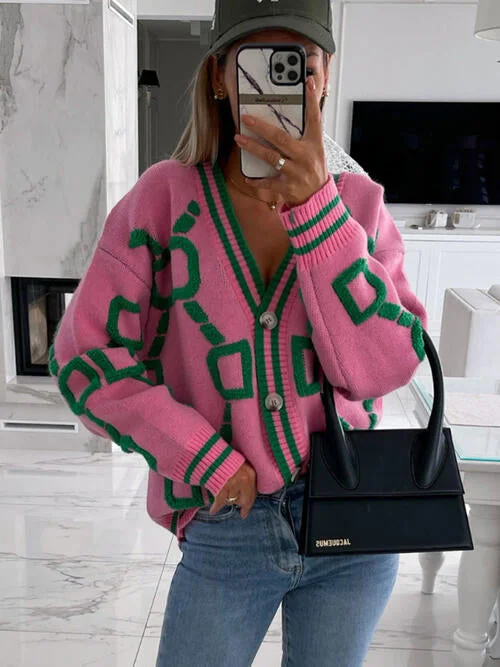 TastyHottie - Geometric Dropped Shoulder Button Down Sweater Cardigan