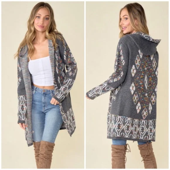 Gray Aztec Rainbow Western Hooded Knit Cardigan Long Sleeve Open Sweater