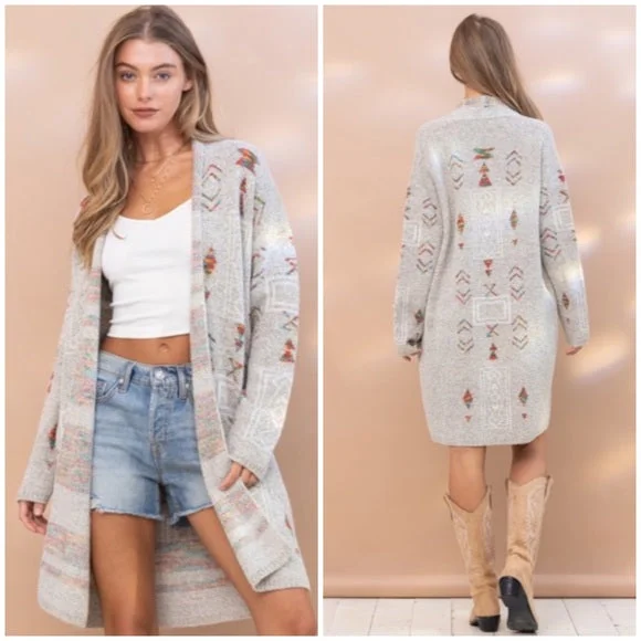 Gray Colorful Aztec Tribal Western Marled Open Knit Cardigan Long Sleeve Sweater