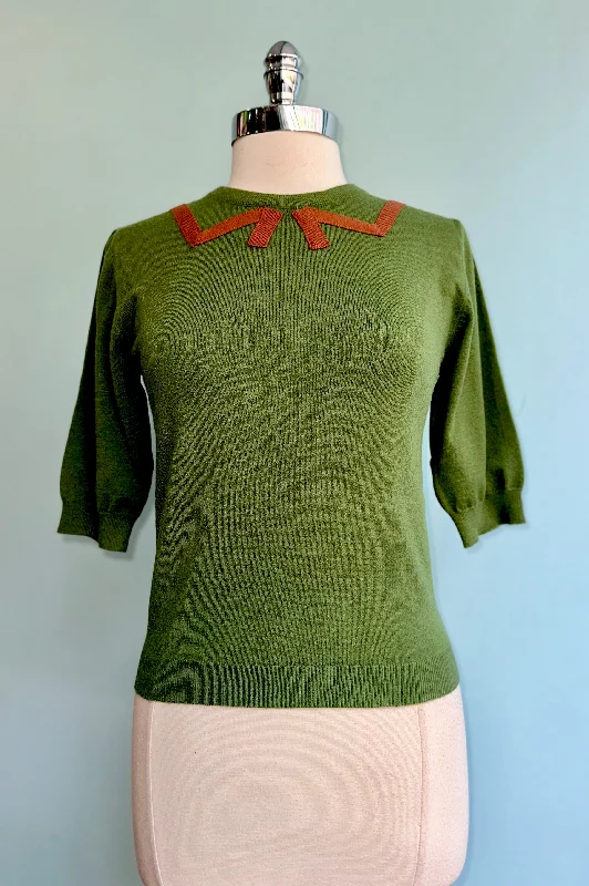 Olive Green Sweater with a Bow Collar Detail by Tulip B.