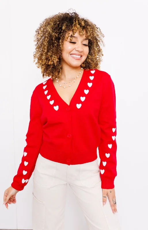 Endless Rose: Heart Contrast Knit Cardigan, RED