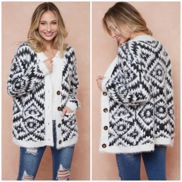 Ivory & Black Fuzzy Soft Eyelash Aztec Tribal Button Up Knit Cardigan Sweater