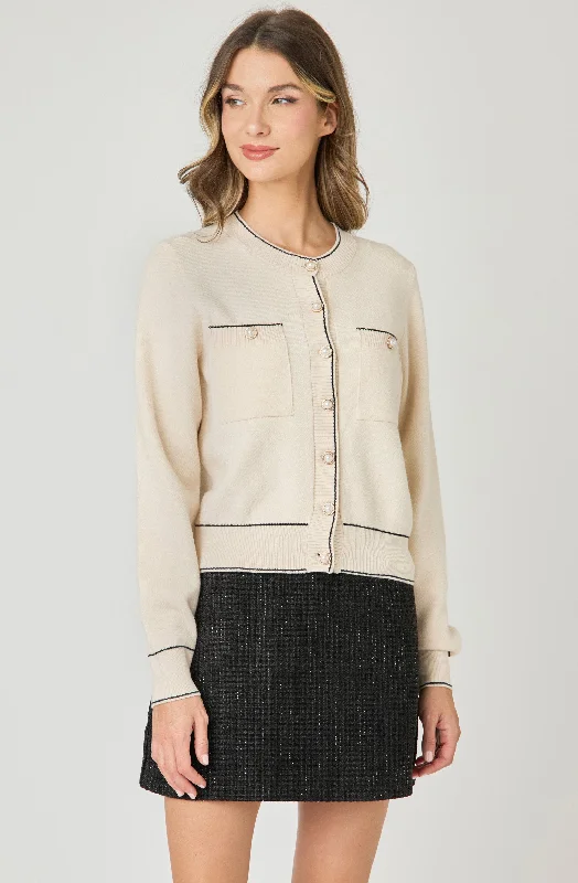 Knit Cardigan with Contrasting Trim & Pearl Buttons