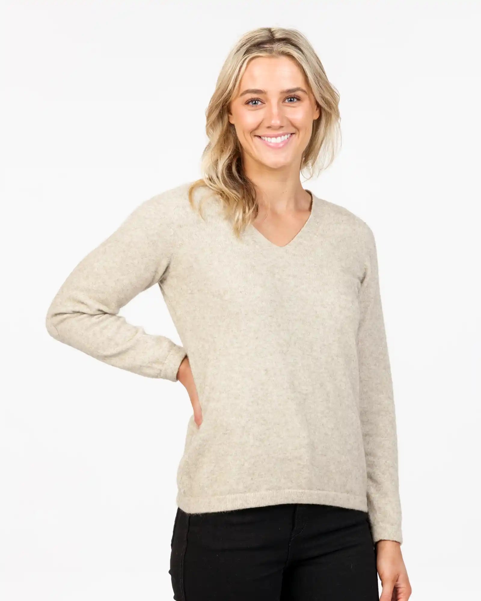 Natural Women's Vee-Neck Merino Wool Sweater - NB396