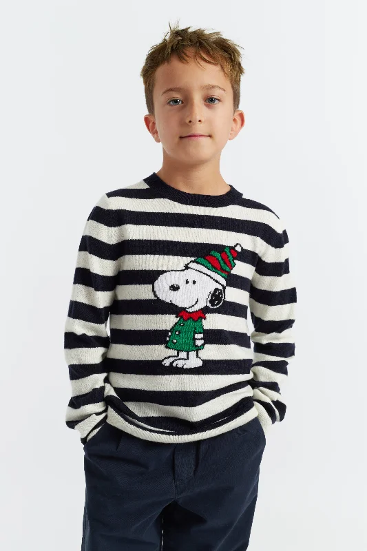 Navy Wool-Cashmere Kid's Snoopy Christmas Elf Sweater