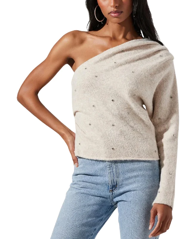 One Shoulder Sweater w/ Rhinestones