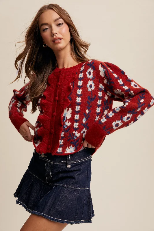 Red Flower Print Puff Sleeve Cardigan