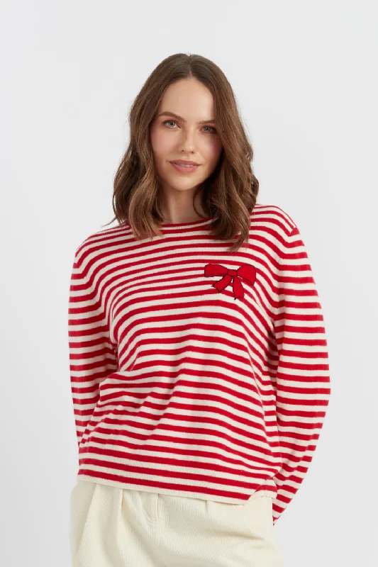 Red Wool-Cashmere Bow Breton Sweater