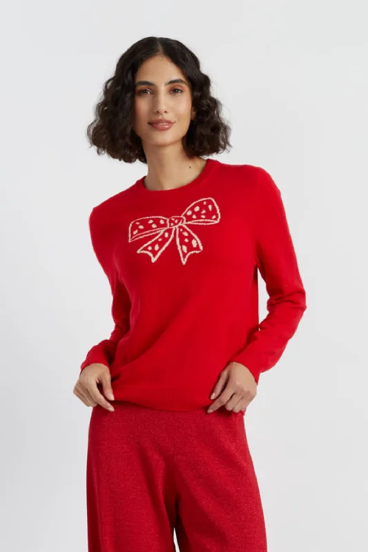 Red Wool-Cashmere Polka Bow Sweater