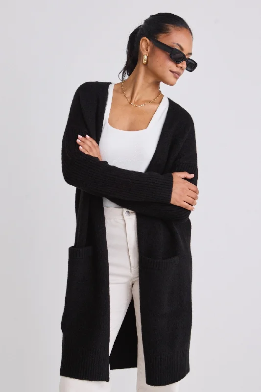 Secure Black Longline Knit Cardigan with Pockets