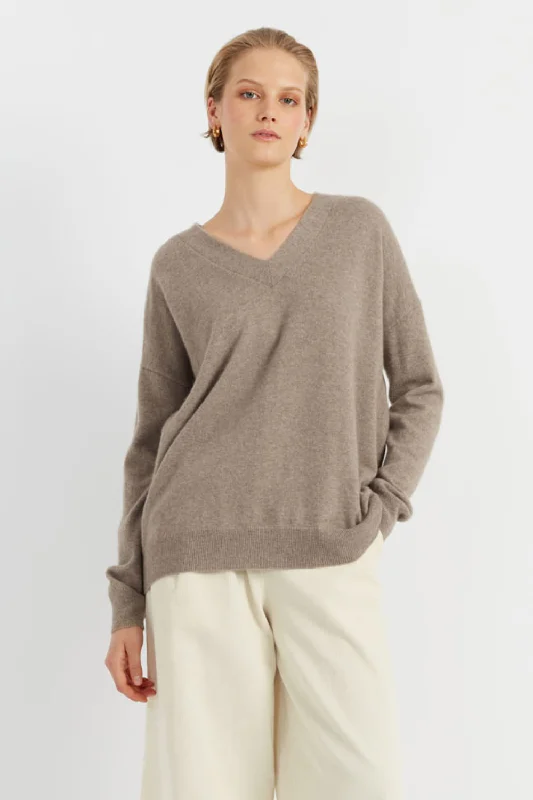 Soft-Truffle Cashmere V-Neck Sweater