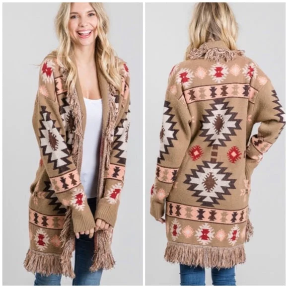 Taupe Western Native Tribal Aztec Boho Fringe Knit Open Cardigan Sweater