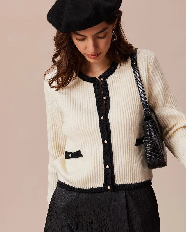 The Beige Round Neck Contrast Trim Cardigan