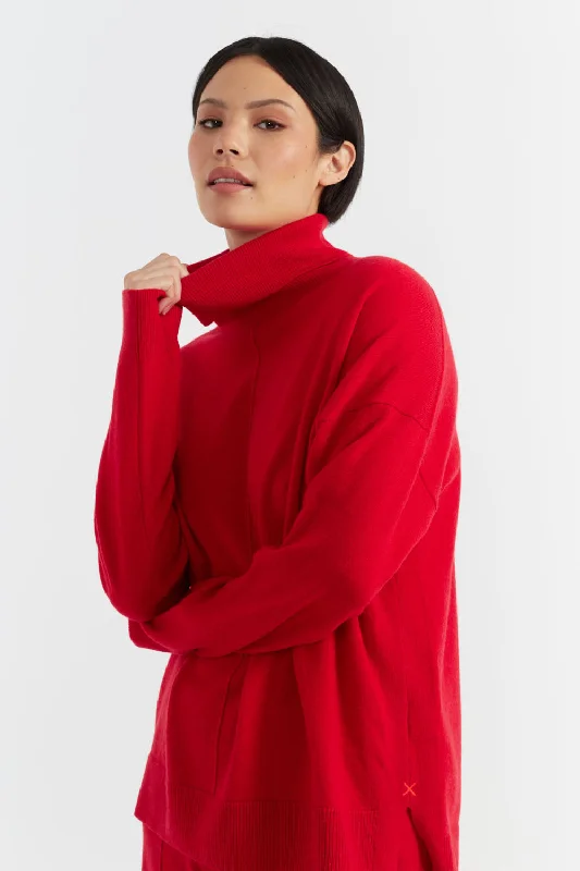 Velvet-Red Wool-Cashmere Relaxed Rollneck Sweater