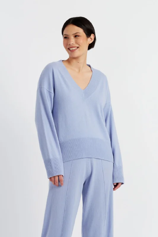 Washed-Blue Wool-Cashmere V-Neck Sweater