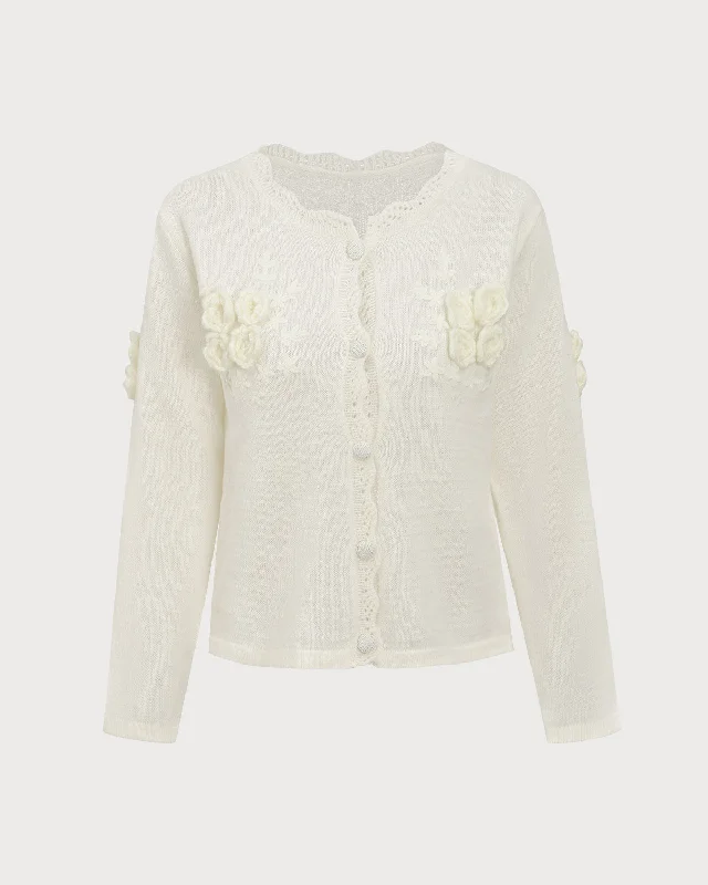 White Embroidery Single-Breasted Cardigan