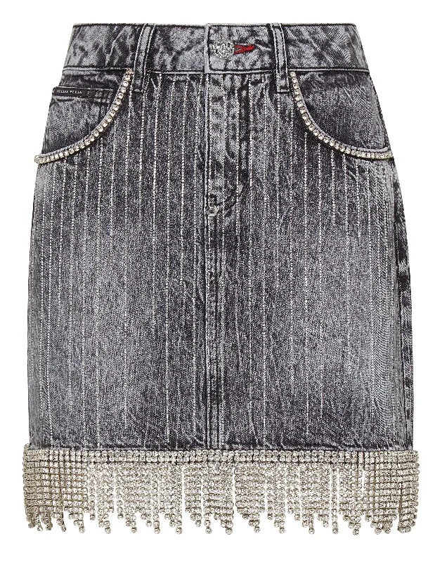 Denim Skirt Crystal Fringe