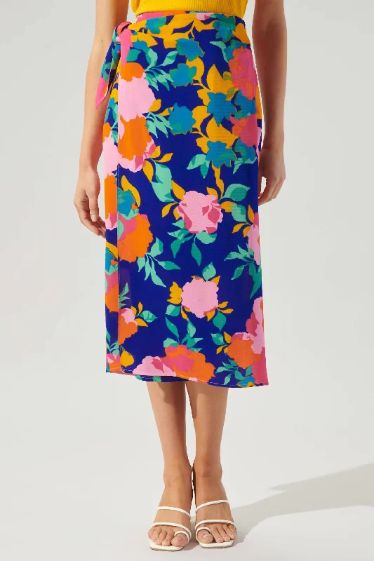 Midi Crepe Faux Wrap Dress In Cobalt/pink/jade