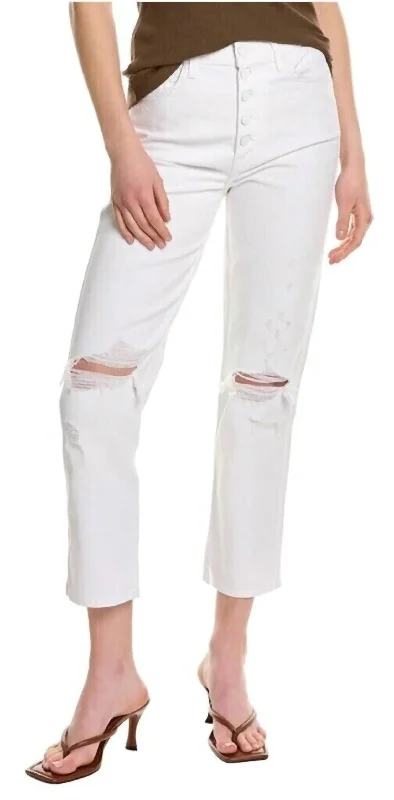 Hi-Waist Button Fly Cropped Straight Jeans In White